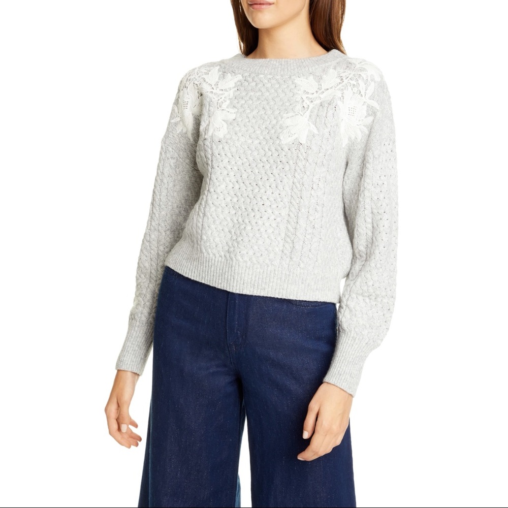 Rebecca Taylor Lace Appliqué Crewneck Sweater
